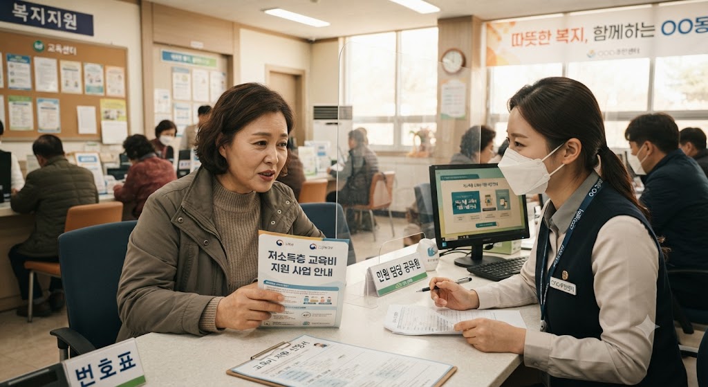 주민센터 방문해서 교육비 지원사업에 대해서 문의하는 모습