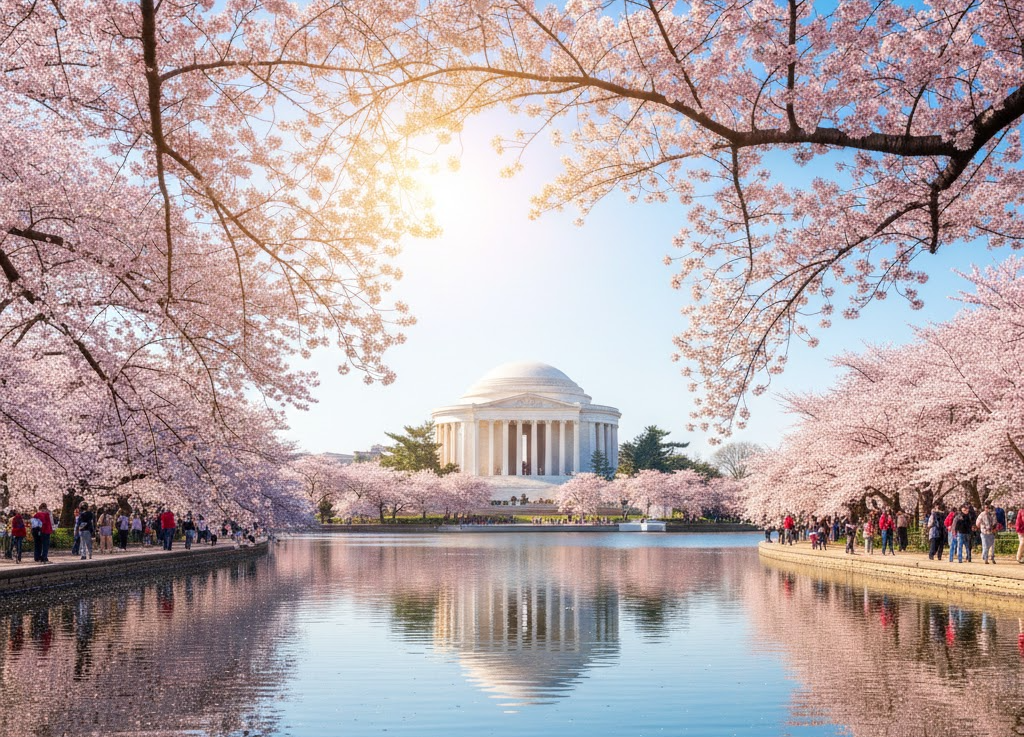 워싱턴DC 타이달베이슨 벚꽃길과 제퍼슨 기념관 전경