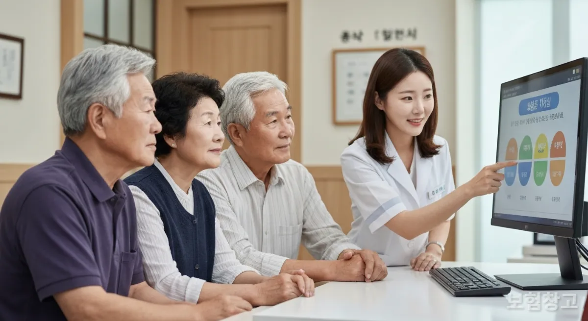 건강보험 본인부담상한제에 대해 전문가의 설명을 듣는 한국 노부부