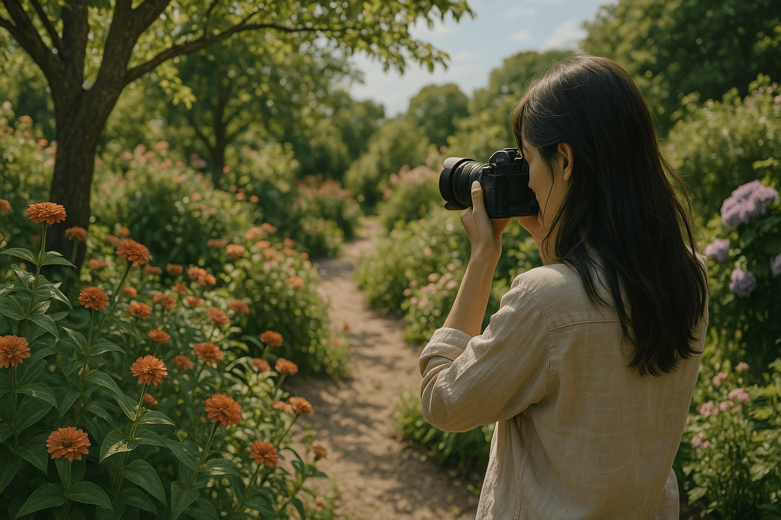 정원에서 꽃과 나무를 아름답게 촬영하는 장면