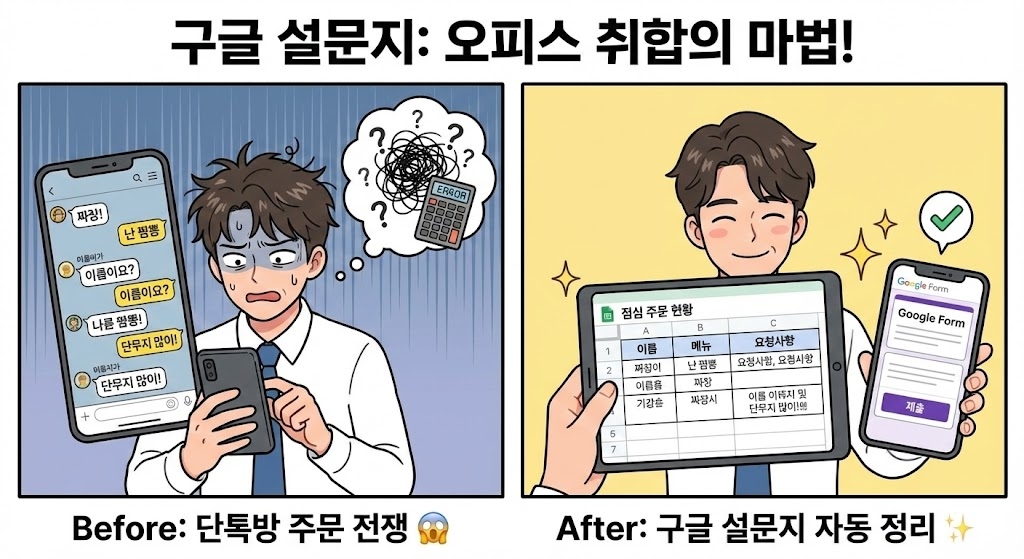 구글 설문지(Forms)와 연동한 사내 투표/주문 관리: 점심 메뉴 취합부터 비품 신청까지 1분 컷 (엑셀 자동 정리)