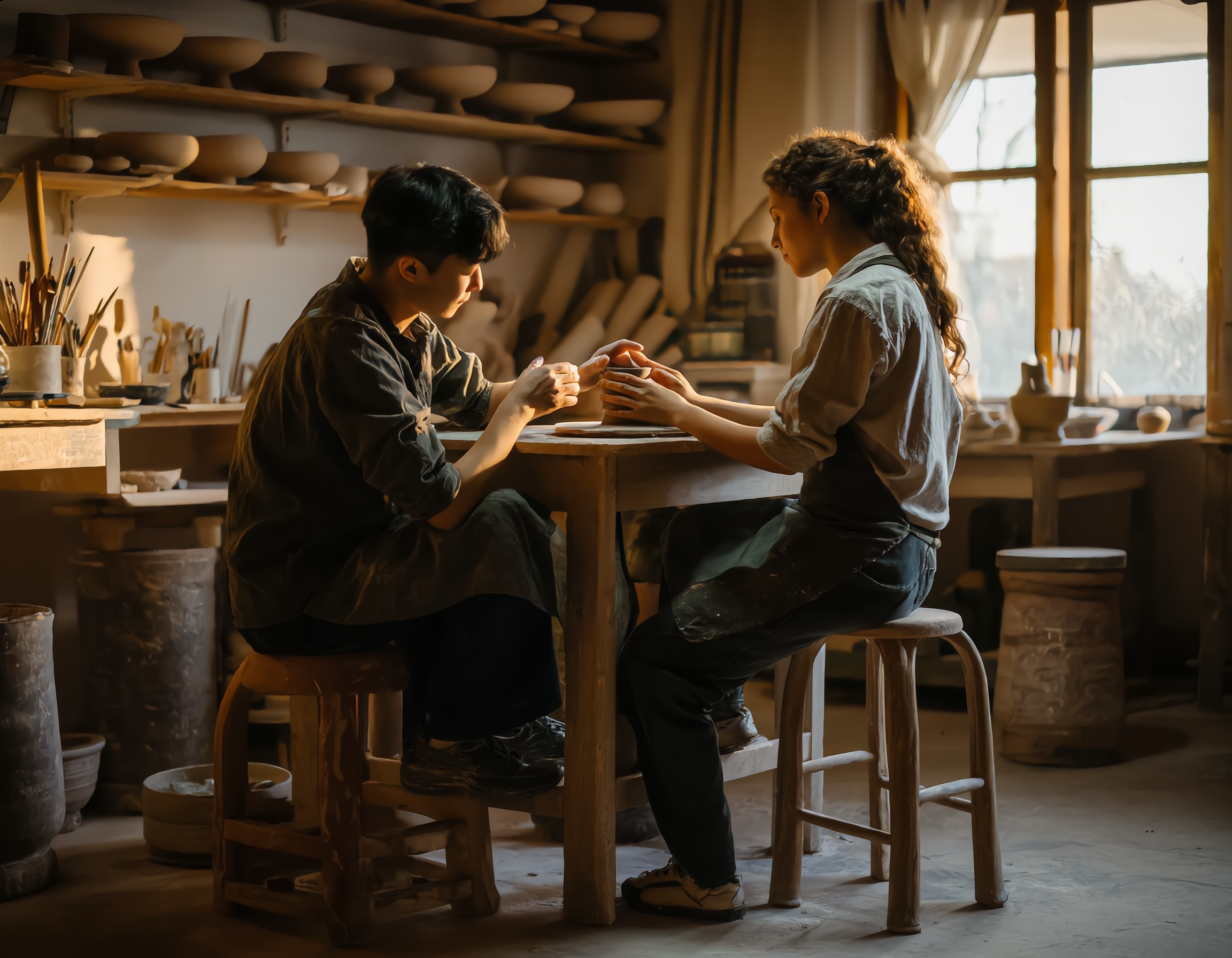 **Output:** 
점토로 도자기를 빚는 두 사람이 나무로 된 작업대 앞에 앉아 집중하며 협력하는 모습, 도예 공방 내부의 따뜻한 조명과 벽면 진열대에 놓인 미완성 작품들, 창문으로 들어오는 부드러운 자연광이 작업실의 평온한 분위기를 강조합니다.
