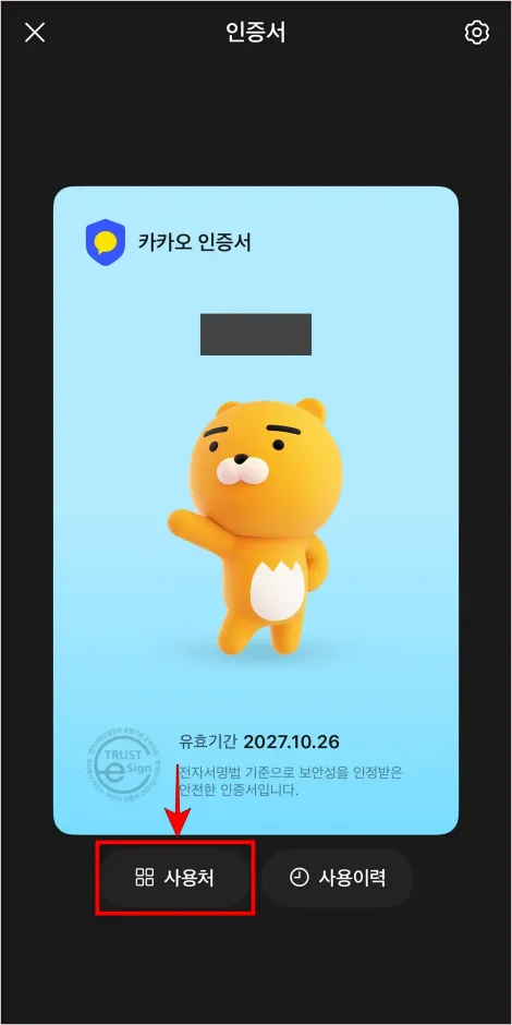 카카오 인증서 화면의 &amp;#39;사용처&amp;#39;를 선택