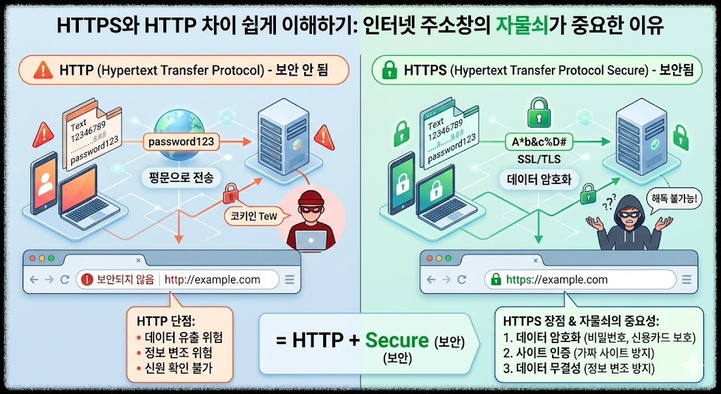 HTTPS와 HTTP 차이 쉽게 이해하기 : 인터넷 주소창의 자물쇠가 중요한 이유