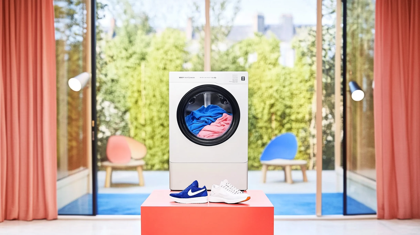 이불과 운동화 등 다양한 세탁 코스를 스포관 조명 아래에서 화려하게 강조하는 삼성 WF21T6500KW의 씬. 생동감 넘치는 톤으로 다양한 기능을 선명히 표현합니다.