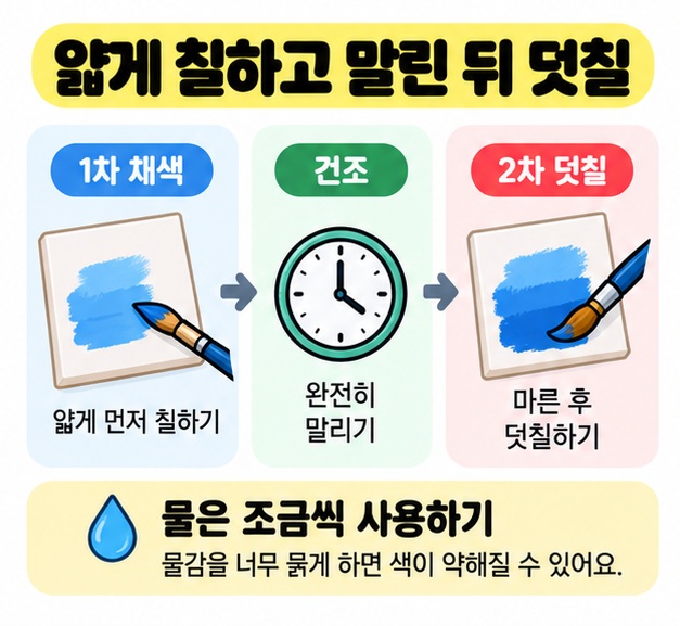 아크릴 물감을 얇게 칠하고 말린 뒤 다시 덧칠하며 물을 조금씩 섞는 과정을 보여주는 카드