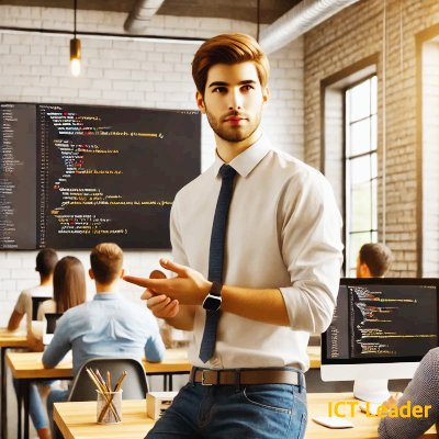 파이썬 코드를 강의 중인 20대 남성 전문 강사의 실사 이미지, 밝은 교실에서 자신감 있는 모습