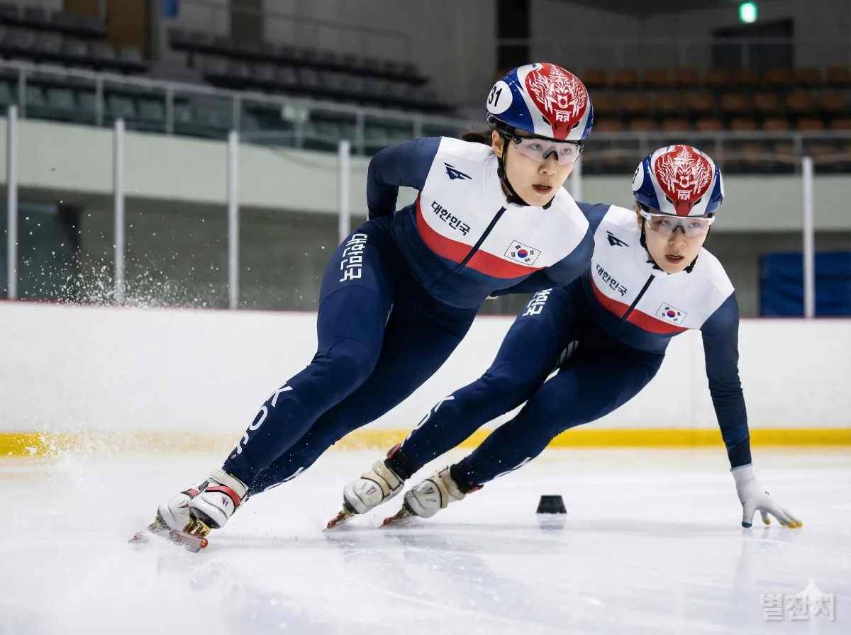 코너를 돌며 질주하는 박지원 선수와 최민정 선수의 훈련 모습