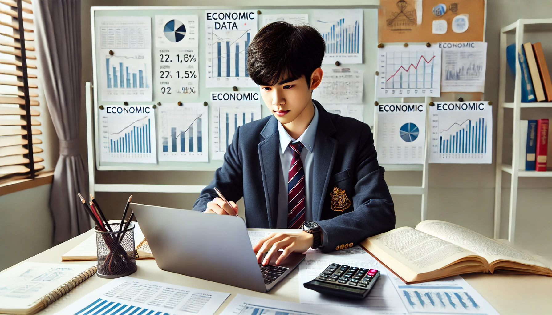경제 데이터를 분석하는 동아시아 고등학생의 모습을 세련된 교실 환경과 함께 담아낸 장면