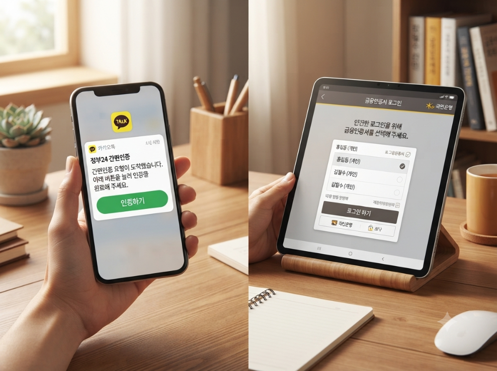 alt="정부24 카카오 간편인증 승인 화면과 금융인증서 로그인 화면 비교"