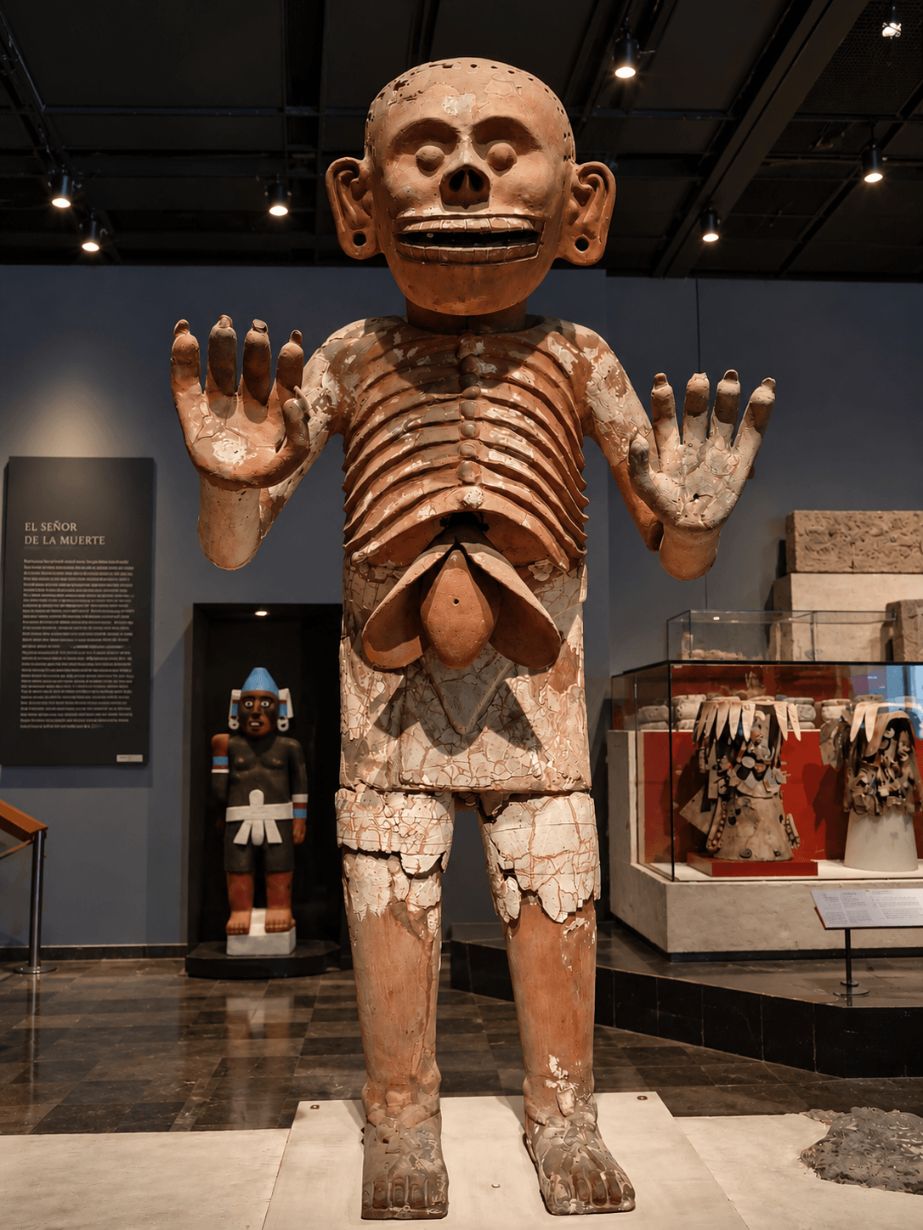 멕시코 템플로 마요르 박물관에 전시된 믹틀란테쿠틀리 조각상(Mictlantecuhtli Sculpture). 해골을 연상시키는 얼굴과 드러난 갈비뼈, 길게 뻗은 손톱, 복부에 돌출된 간이 표현된 아즈텍 죽음의 신의 점토 조각상.
