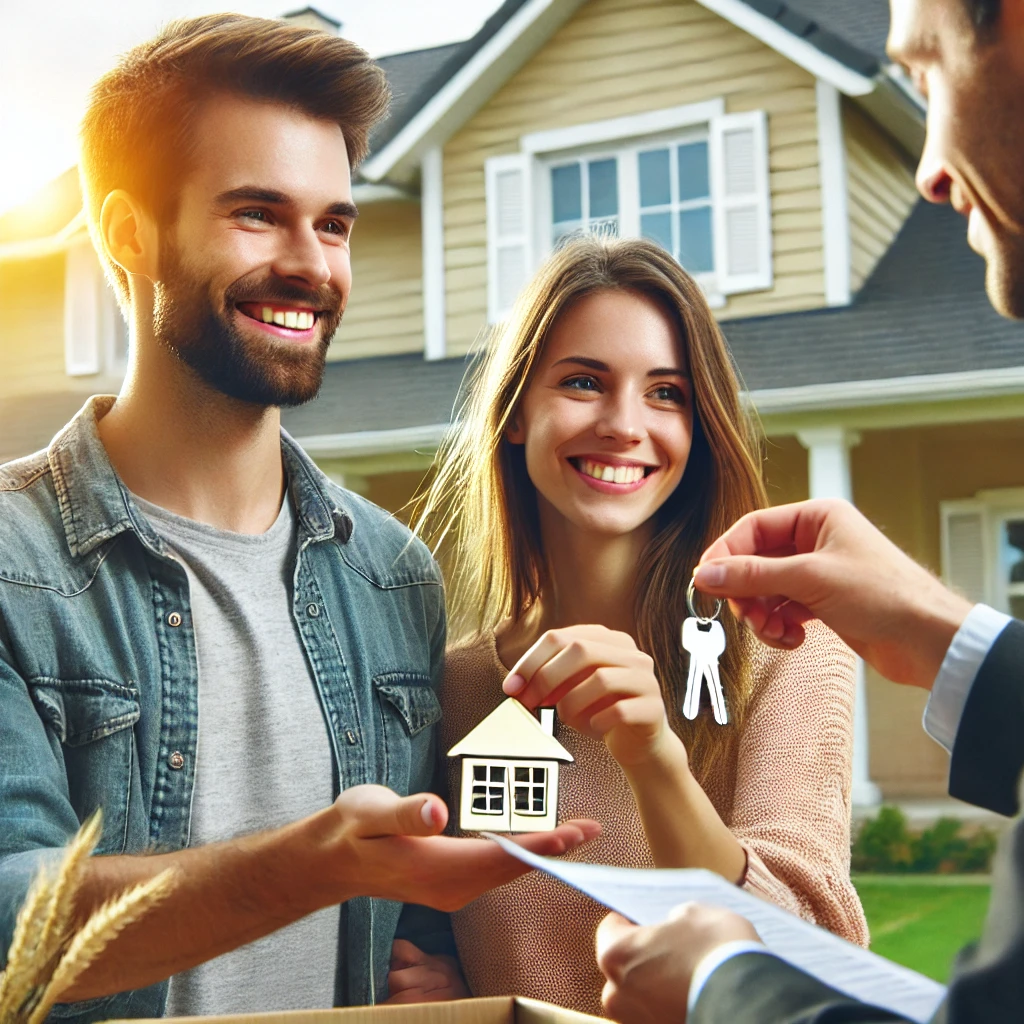 부동산 중개인에게 집 열쇠를 받는 행복한 부부