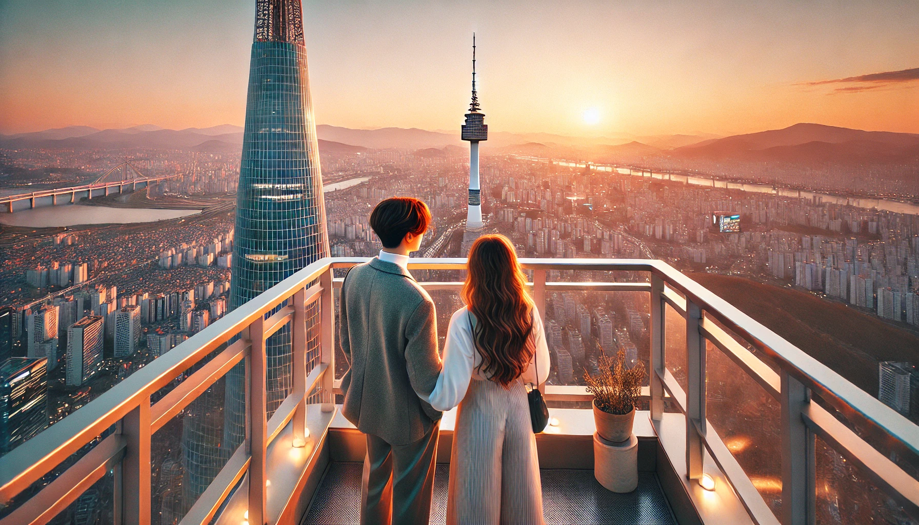 롯데월드가 보이는 전경에 남여모습