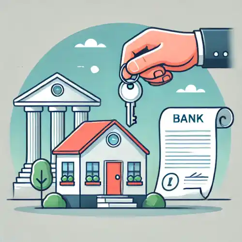 한 채의 작은 집과 뒤편의 은행 건물이 있고 손 들린 계약서가 부동산 담보를 의미한다.