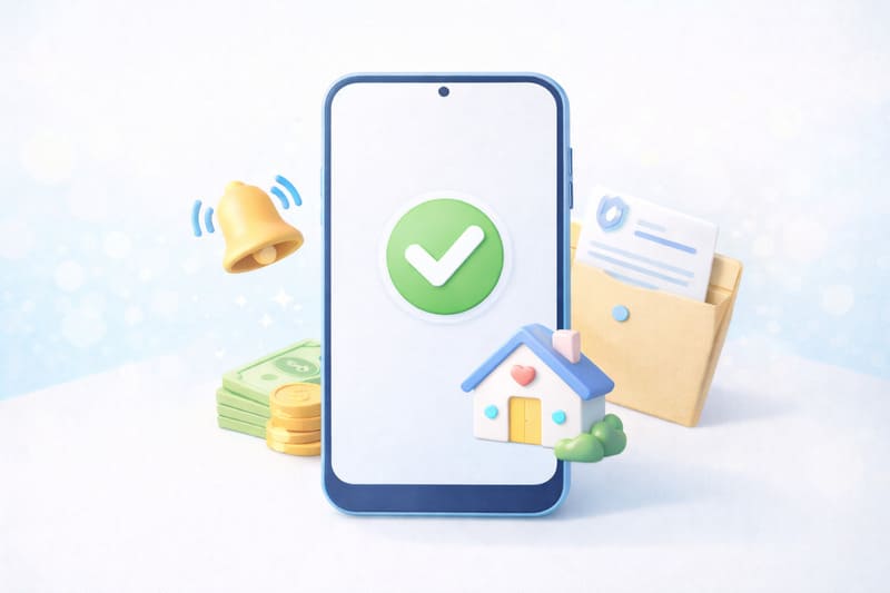 스마트폰으로 복지 멤버십 산청이 완료된 것을 알림 종, 돈, 집 아이콘으로 보여주는 3D 일러스트