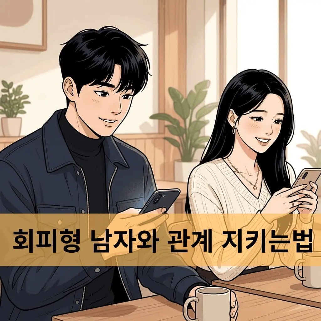 회피형 남자와 여지친구는 함께 나란히 앉아서 폰을 보고 있으며 연애에서 관계를 지키는 현실적인 방법을 설명