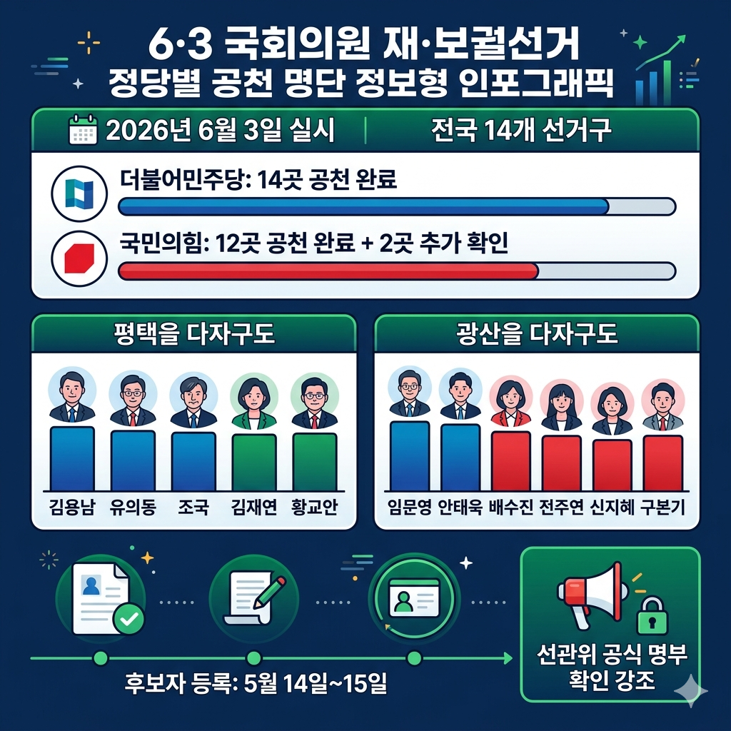 6&middot;3 국회의원 재&middot;보궐선거 정당별 공천 명단｜14개 선거구 후보 대진표 인포그래픽