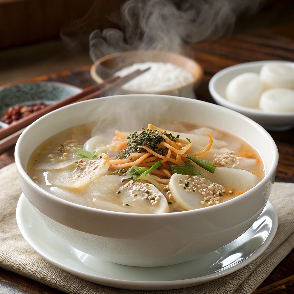 김가루와 야채가 고명으로 올려진 설 떡국