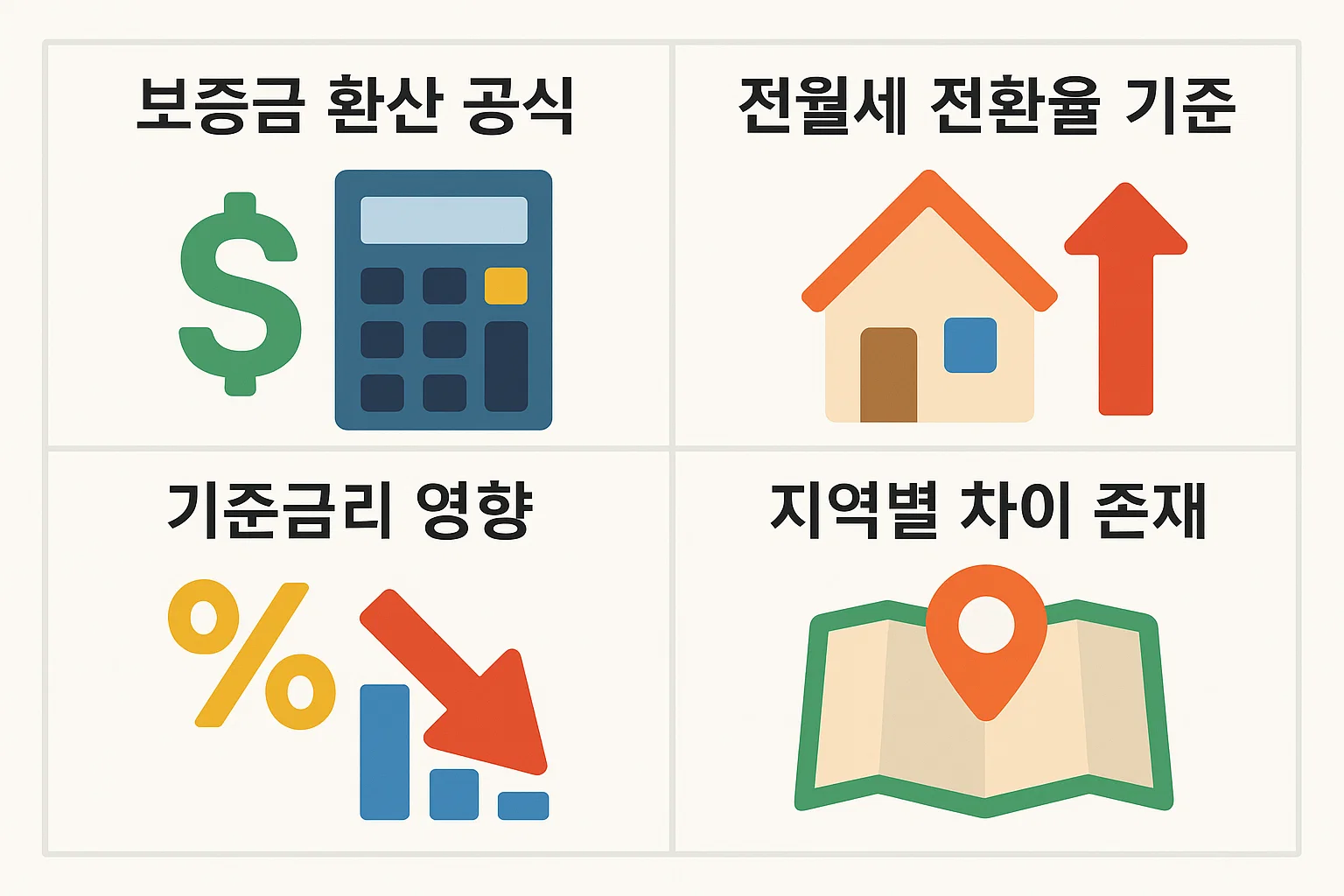 2025년 보증금 환산 공식, 전월세 전환율 기준, 금리와 지역별 변동 요소를 설명하는 구조적 안내 인포그래픽