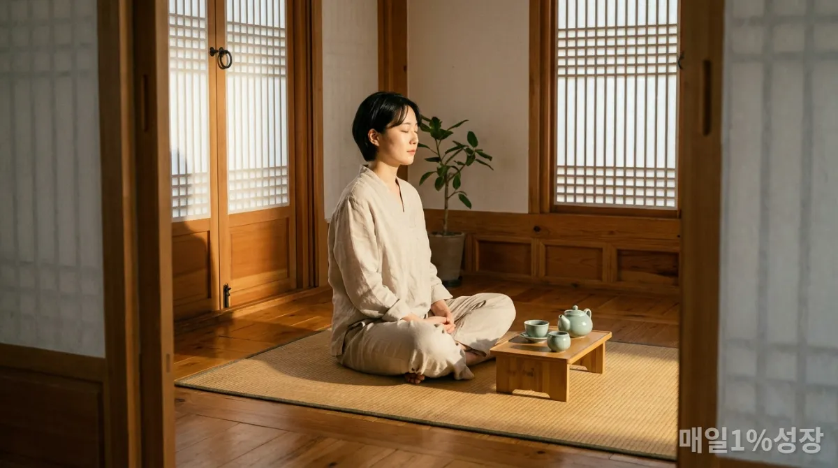 마음챙김 호흡 명상을 하는 한국인