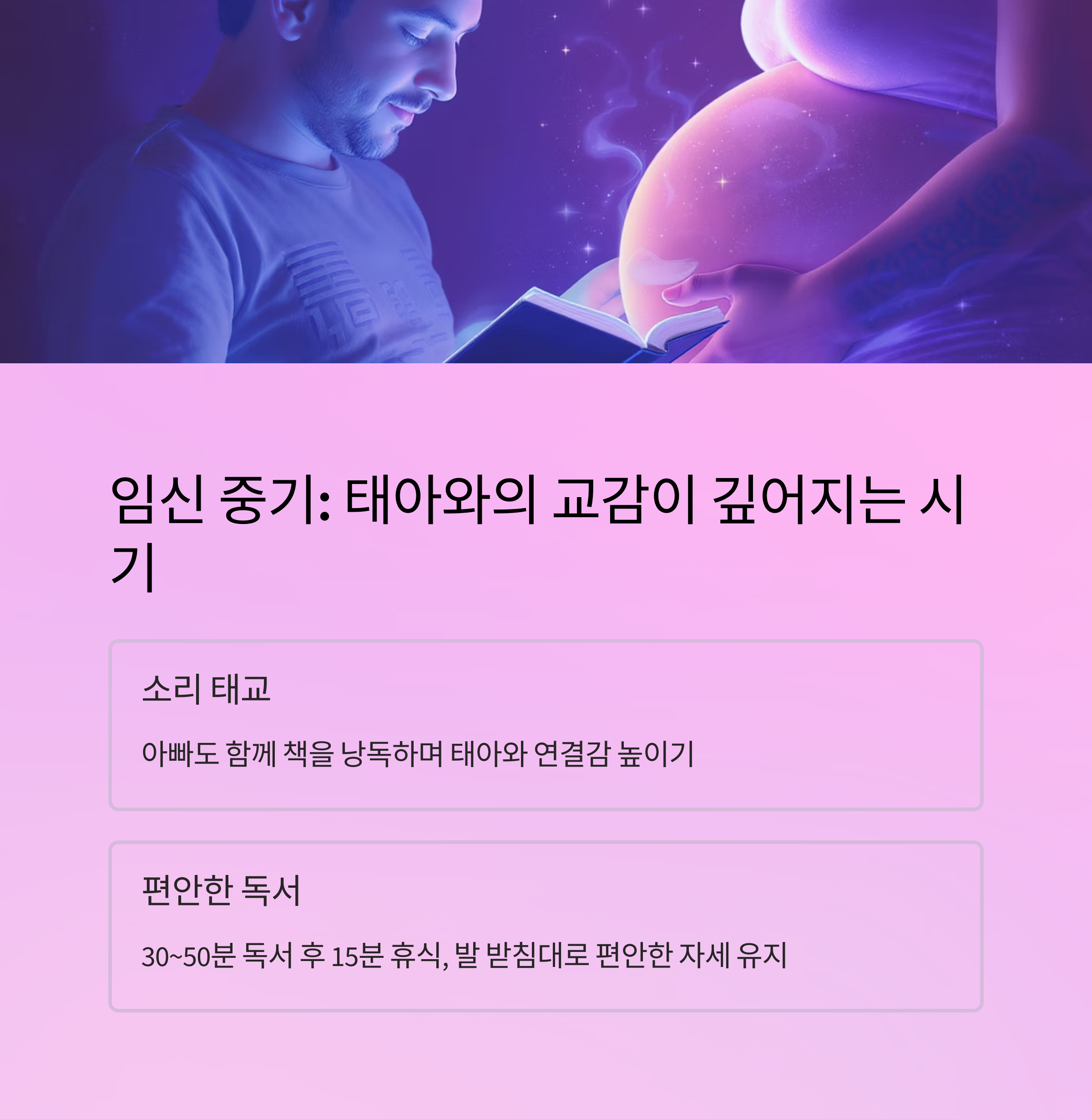 임신 중기 태아와의 교감을 위한 독서 태교법을 안내하는 인포그래픽 이미지. 아빠의 소리 태교와 편안한 독서 자세 유지 강조