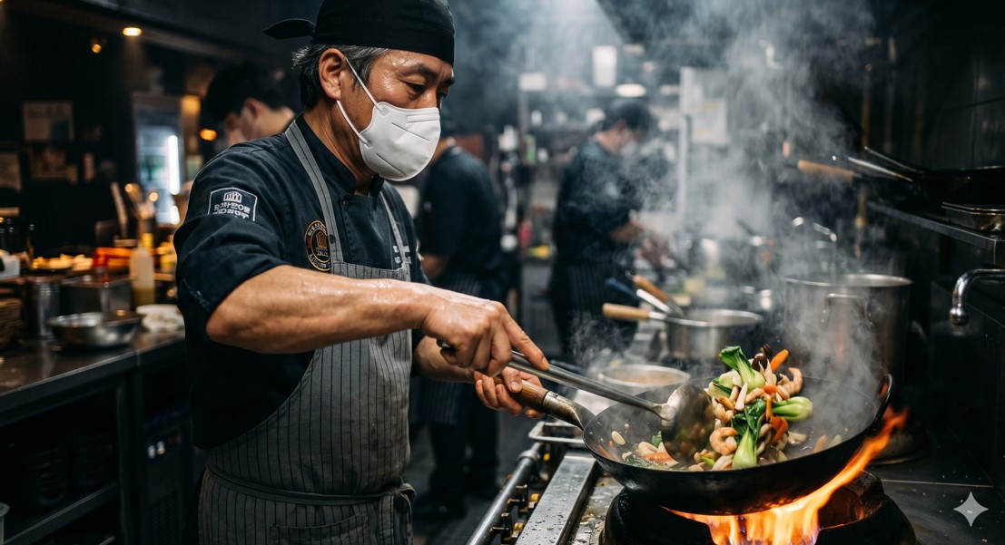 연기가 자욱한 주방에서 볶음 요리를 하는 조리사