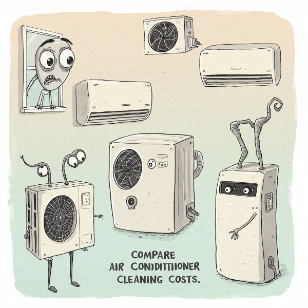 다양한 종류의 에어컨(벽걸이, 스탠드, 시스템)과 함께 '에어컨 청소 비용 비교'라는 문구가 적힌 이미지