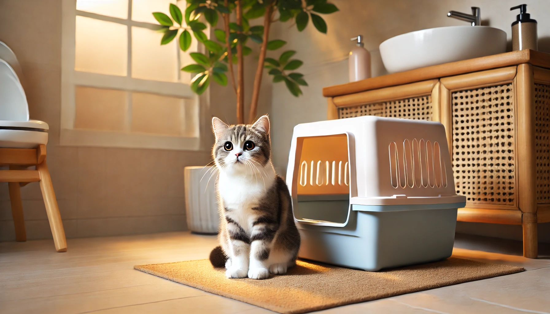 방광염 증상으로 불편해 보이는 고양이가 깨끗한 화장실 근처에 앉아 있는 모습