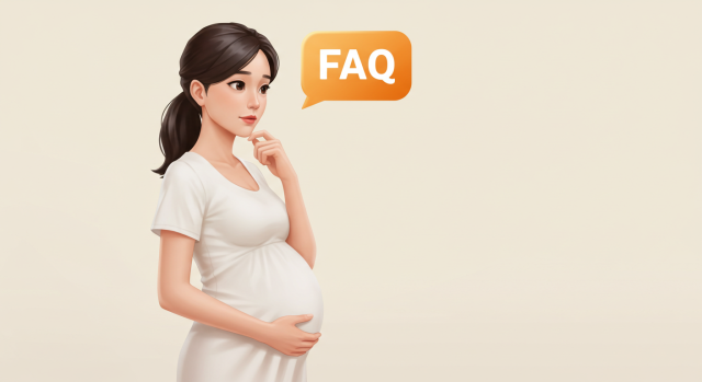 임신부가 질문하는 모습의 일러스트와 FAQ 아이콘