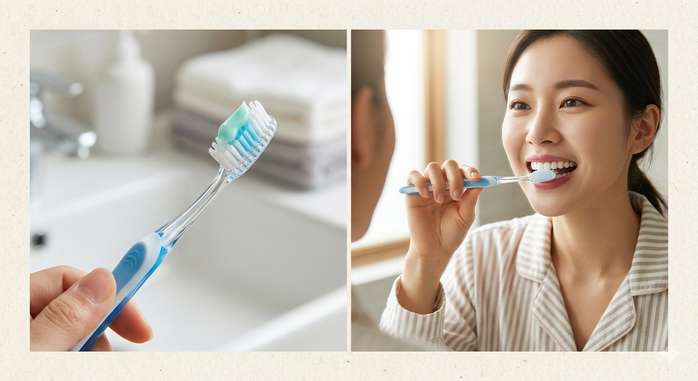 부드러운 미세모 칫솔 사진과 깨끗한 치아를 가진 여성이 45도 각도로 양치하는 모습이 포함된 구강 건강 정보 블로그 이미지