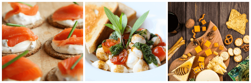 훈제 연어 크로스티니, 미니 카프레제 샐러드, 미니 치즈 플레이트 사진