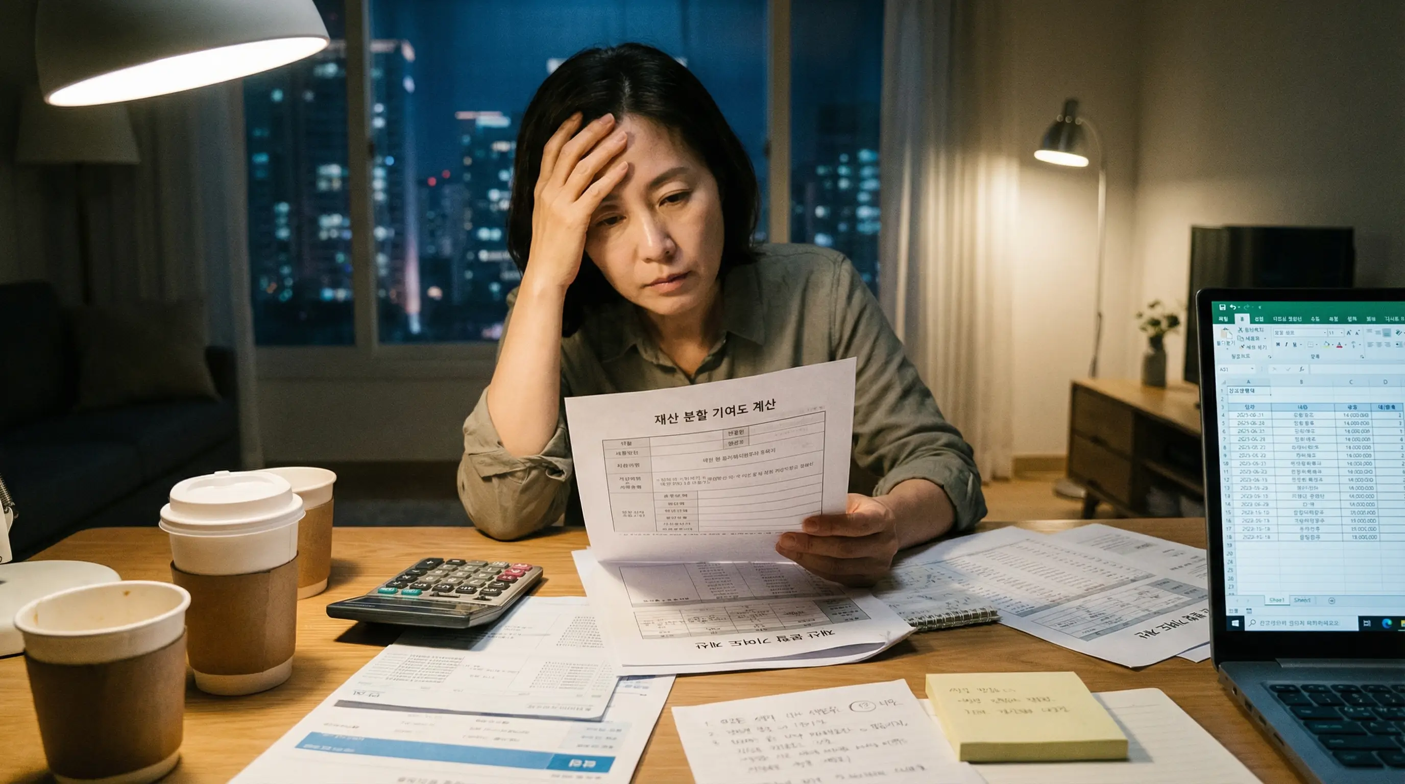 이혼 소송 중 대출금 상환 내역을 정리하며 재산 분할 기여도를 계산하는 고민에 빠진 모습