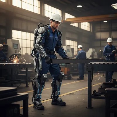 산업 현장에서 웨어러블 로봇을 착용한 작업자 사진