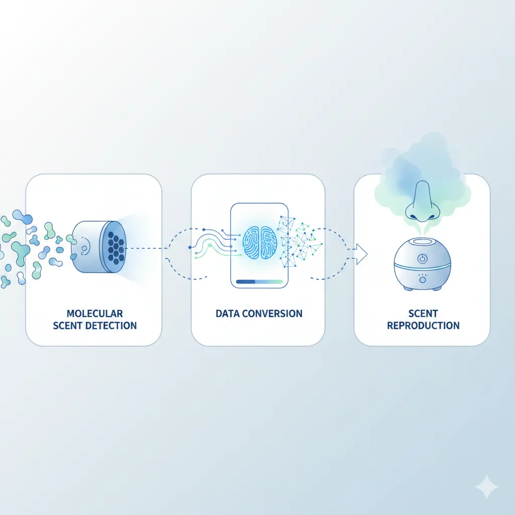 디지털 냄새 기술의 핵심 구조를 도식화한 이미지로, 향 감지 센서와 데이터 변환 과정이 함께 표현된 그림.