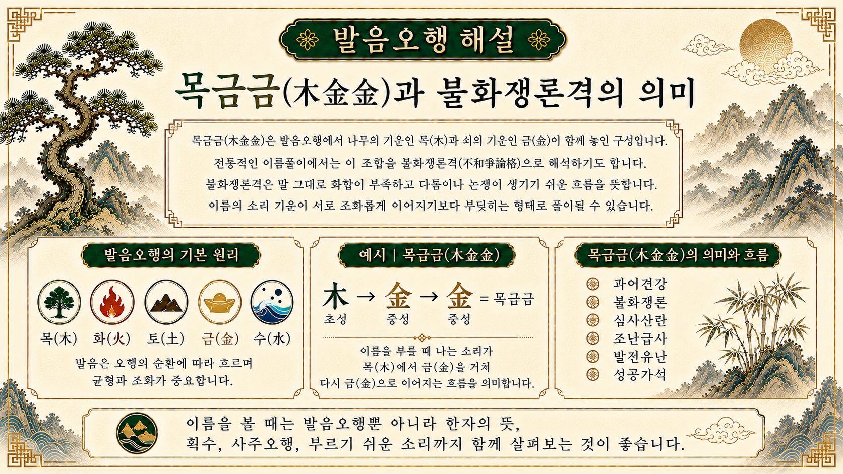 영주작명소 누리작명소 목금금과 불화쟁론격 의미를 설명한 발음오행 해설 이미지