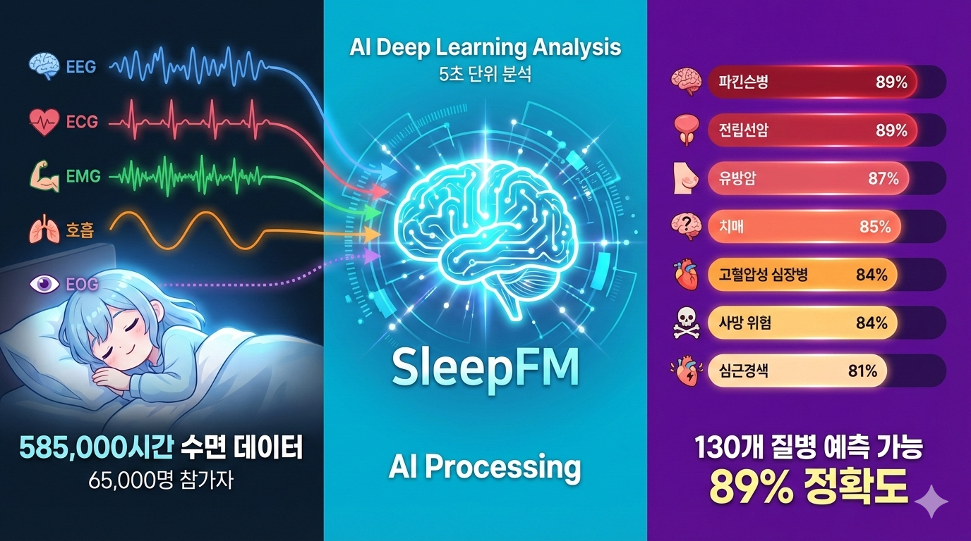 스탠포드 SleepFM: 하룻밤 수면 데이터(뇌파, 심전도 등)로 130개 질병을 89% 정확도로 예측