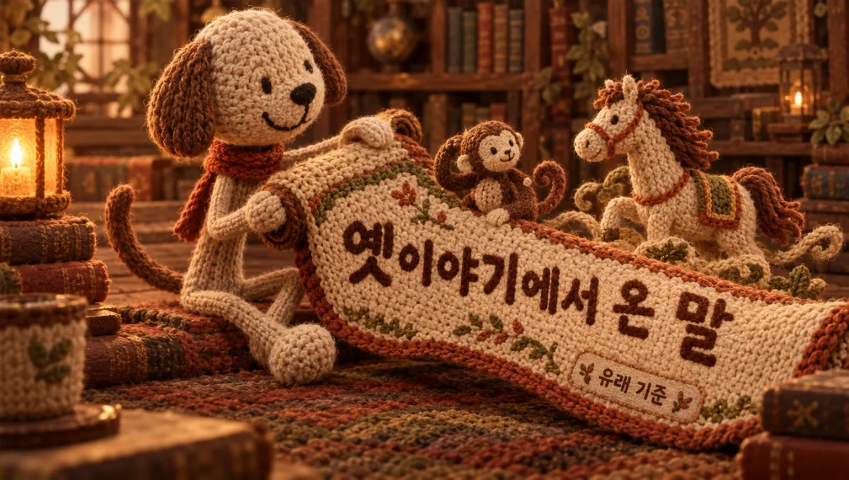 옛이야기 두루마리를 펼친 니트 강아지 일러스트, 고사성어의 역사적 유래 설명 이미지