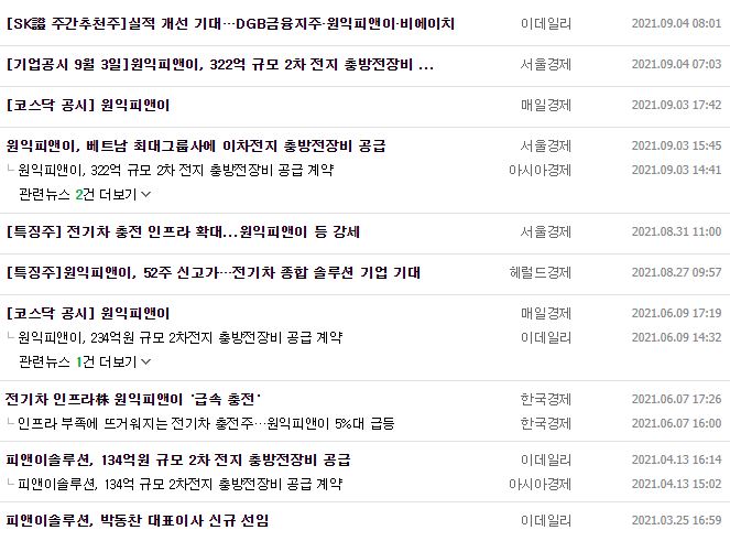 원익피앤이 뉴스, 공시