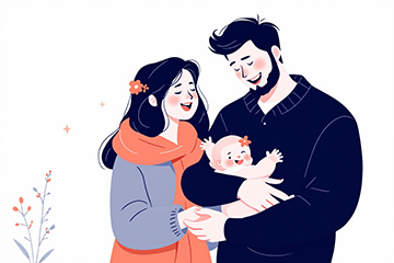 안기를 안고 있으며&amp;#44; 육아지원 혜택으로 행복하게 웃는 부부.