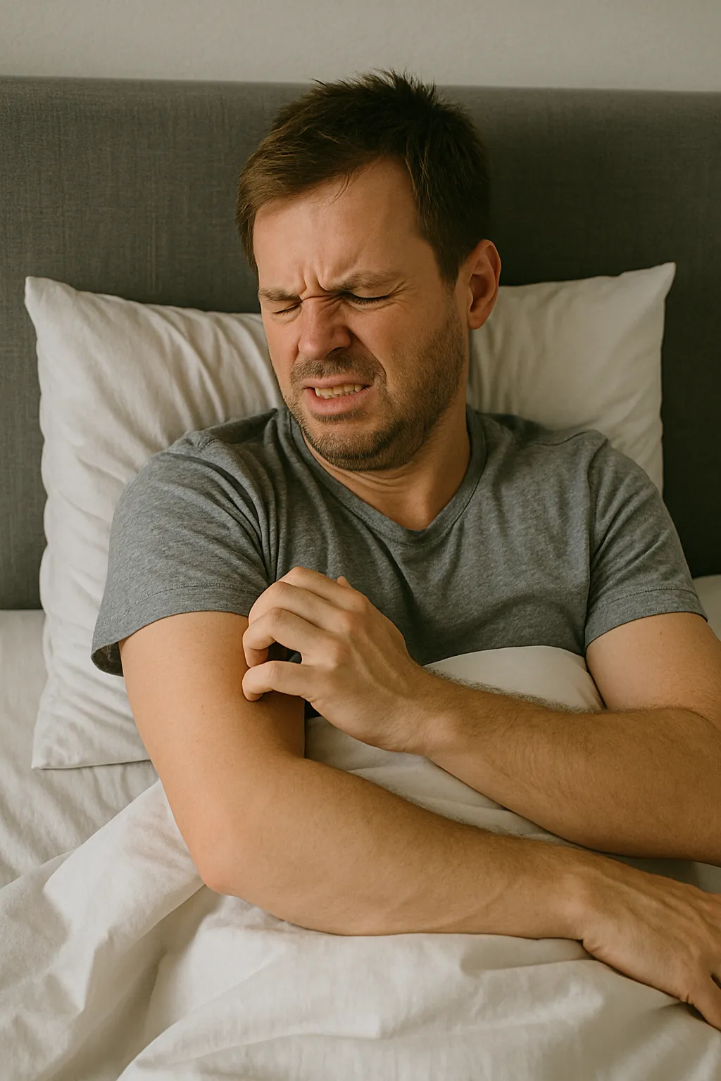 수면-중-팔을-긁는-남성의-표정과-행동-장면