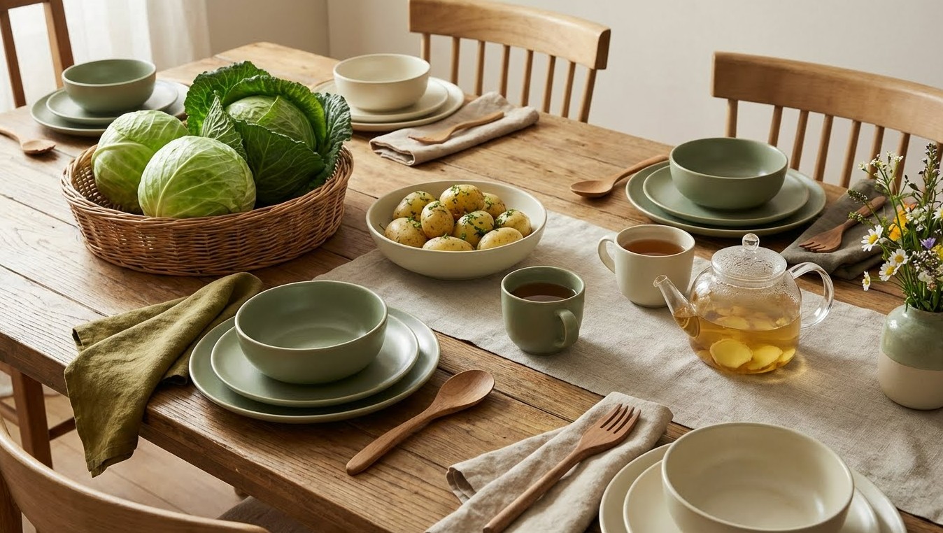 신선한 양배추, 찐 감자, 생강차가 놓인 평화롭고 건강한 식탁 이미지