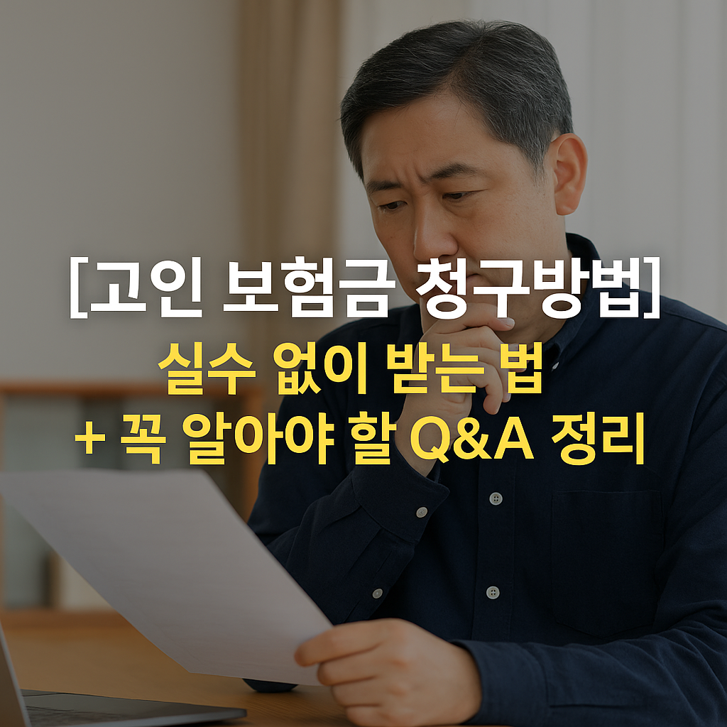 고인 보험금 청구방법 안내 썸네일 – 서류를 검토하며 고민하는 중년 남성과 블로그 제목 문구 포함
