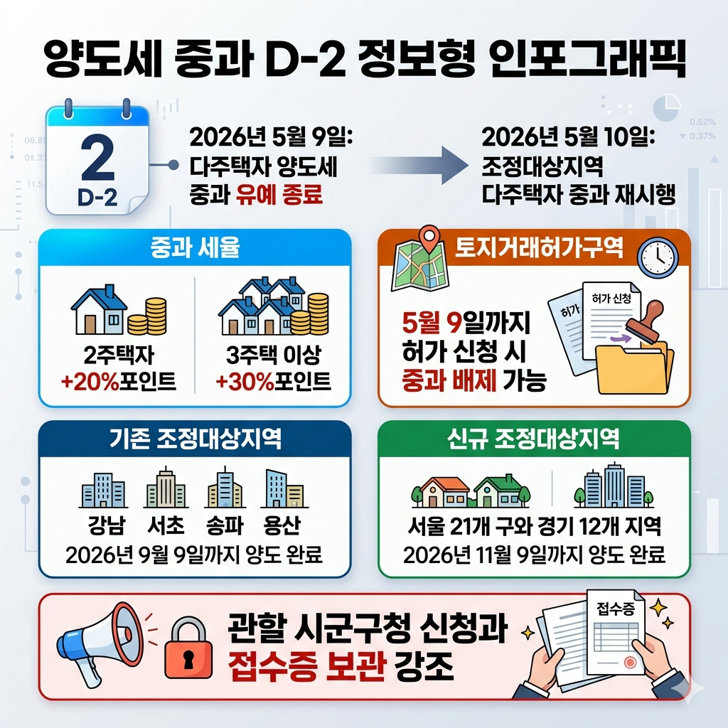 양도세 중과 D-2｜내일까지 토지거래허가 신청 시 중과 면제 기준 인포그래픽