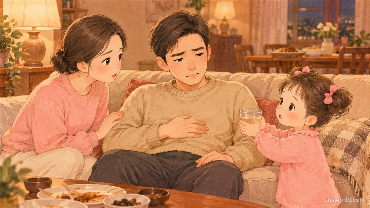 추석에 체한 아빠에게 물을 건네는 아이