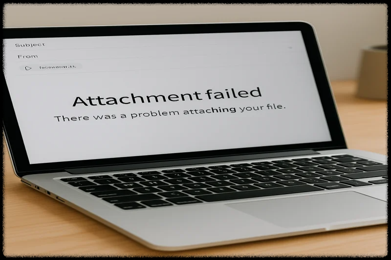 노트북 화면에 첨부파일 오류 메시지가 표시된 장면