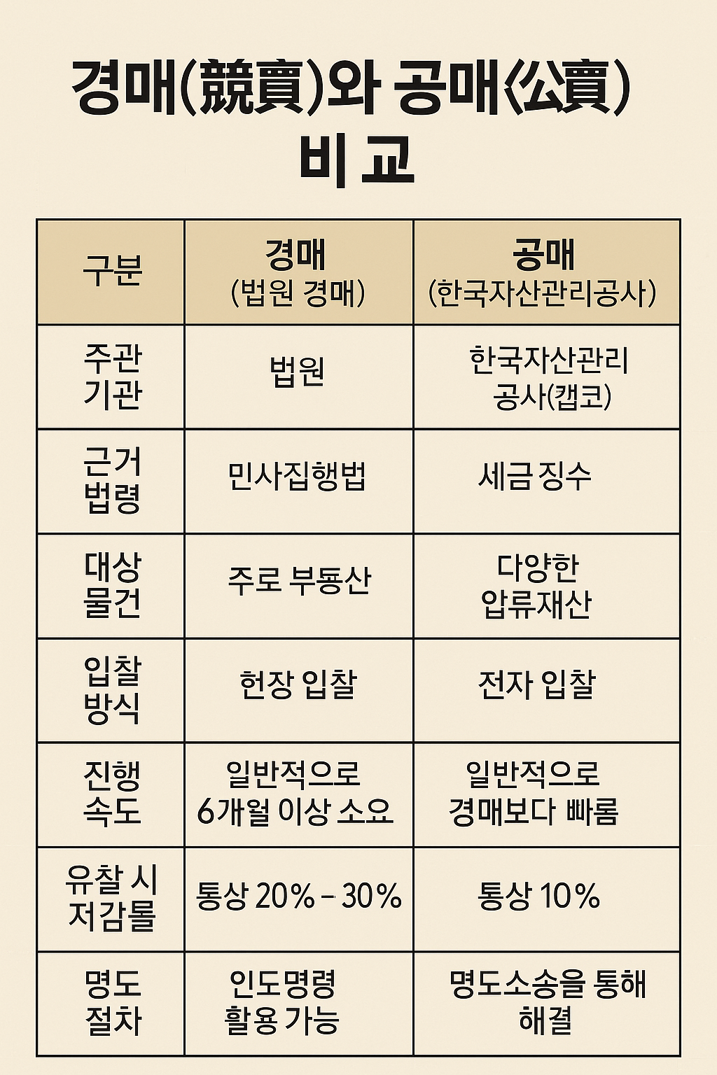 경매와 공매 핵심 차이 요약표
