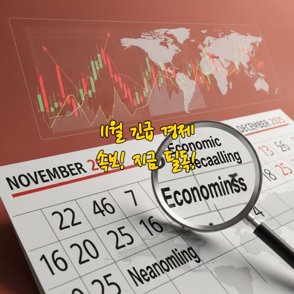 2025년 11월 글로벌 경제 뉴스와 12월 전망을 나타내는 긴급하고 복잡한 금융 차트, 달력, 뉴스 헤드라인 이미지.
