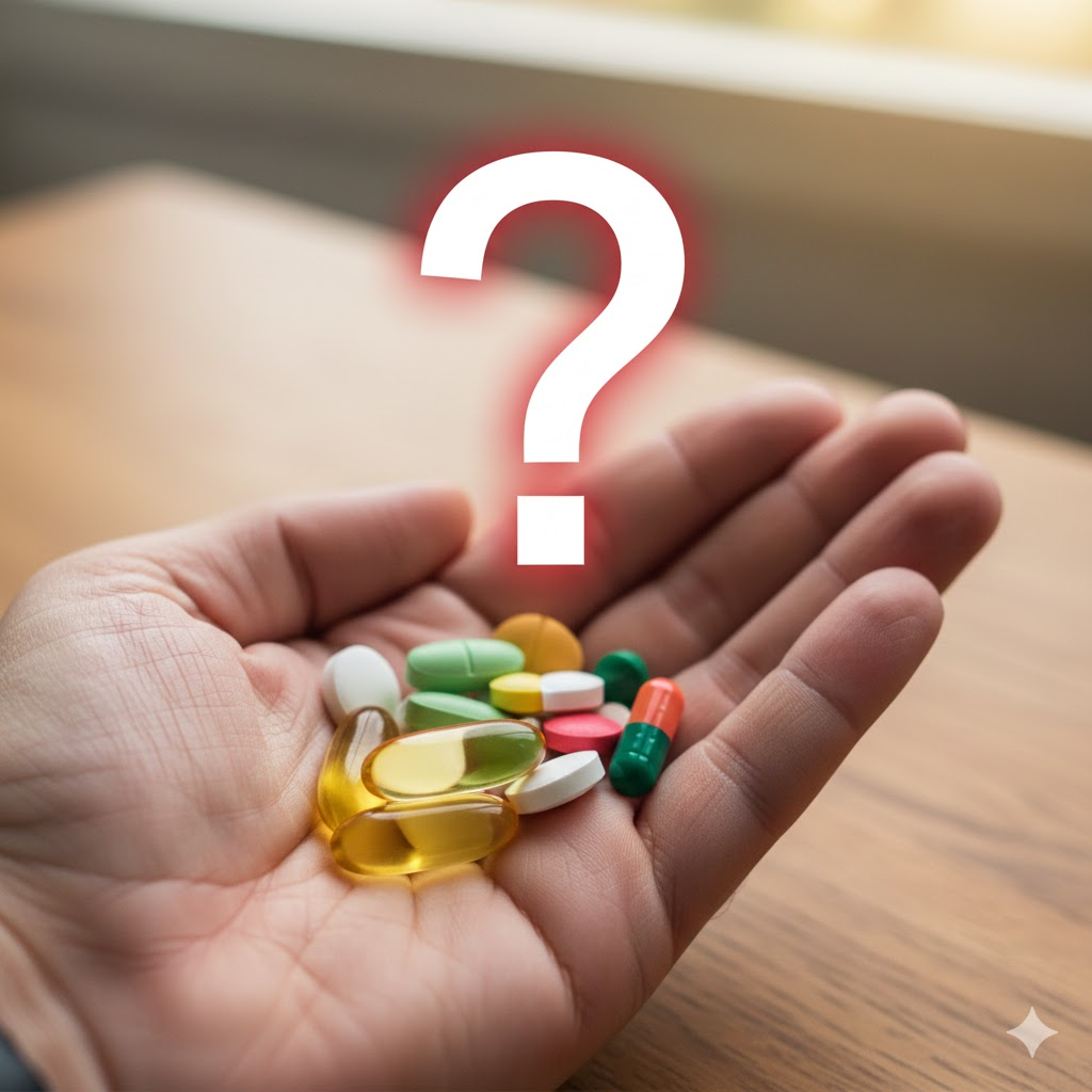 손바닥 위에 여러 알의 영양제가 한꺼번에 놓여 있는 모습, ‘?’ 물음표 기호가 강조된 이미지