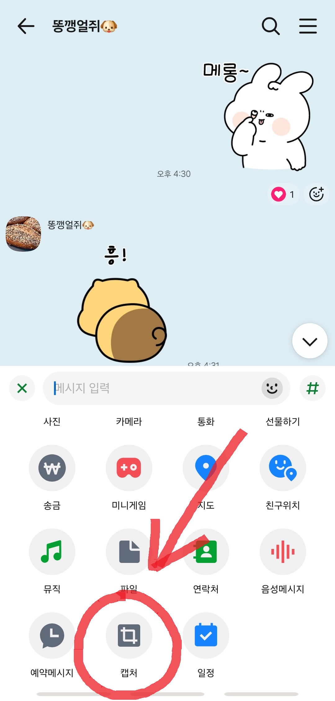카카오톡 대화 캡처 아이콘 설명 이미지
