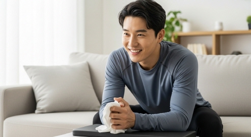 홈트 도중 셀카 찍는 여성